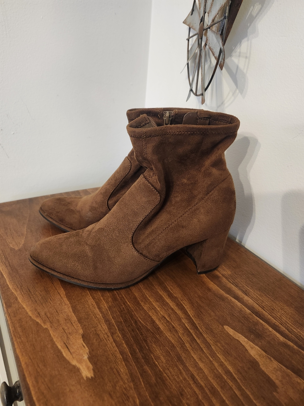 Nine West Brown Suede Ankle Booties with Low Block Heel
